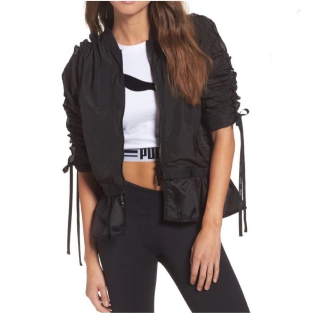 Puma Xtreme Frill Bomber Jacket Black Ruched Tie Sleeves Zip Off Frill Hem XL - Picture 15 of 15